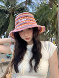 DAIIIBABYYY  -  Korean Fashion Contrasting Stripes Hollow Bucket Hats for Men and Women Summer Travel Sunscreen Versatile Leisure Basin Cap