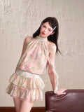 Daiiibabyyy  2 Piece Set Women Outfits Floral Chiffon Halter Shirts Korean Ruffles Patchwork Mini Skirt Summer Fashion Design Matching Sets