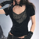Daiiibabyyy  Harajuku Fake Two Pieces Vintage T-shirts Y2k Aesthetic Letter Print Patchwork Casual Tshirts Women Grunge Bodycon Cropped Tops