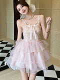 DAIIIBABYYY  -  New Pink Jacquard Patchwork Ruffled Mesh Mini Dress Women Elegant Bow Sling Dresses Summer Korean Bodycon Casual Y2k Dress