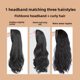 DAIIIBABYYY  -  Removable Long Curl Fishbone Braid Hairband Wig Half Head Cover Water Wave Texture Shampooable Easy to Wear Asian Fiber Hat