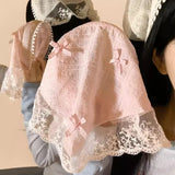 Daiiibabyyy Korean Lace Bow Retro Triangular Scarf Solid Color Headscarf Trend Elegant Headwear for Women Girl Y2K Jewelry 2024 INS Bandana