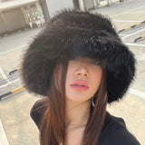 Daiiibabyyy  Ins Bright Yellow Imitation Mink Fur Bucket Hats Women Winter Fluffy Plush Basin Caps Female Advanced Warm Sun Panama Korea New
