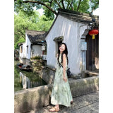 Daiiibabyyy  New Chinese Style Women's Sleeveless Halter Dress Summer Suspender Floral Long Skirt