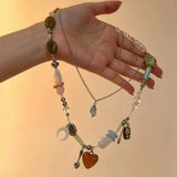 Daiiibabyyy  Korean Exquisite Retro Flower Love Heart Beaded Necklace For Women Personality Simple Cool Clavicle Chain Fashion Y2K Jewelry