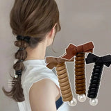 Daiiibabyyy  Bow Pearl Phone Line Hair Rings Women Temperament Durable High Elasticity Rubber Bands No Damage To Hair Tie Ponytail Hair Ropes