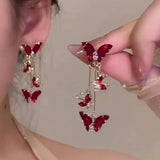 Daiiibabyyy  Elegant Purple Glass Butterfly Long Tassel Earrings for Women Delicate Rhinestone Crystal Insect Earrings Luxury Party Jewelry