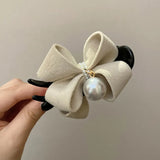 Daiiibabyyy  Velvet Bow Hair Claw Clips For Women Elegant Pearl Ornament Bun Clip Hair Grab Strong Hold Clamps Daily Hair Accessories