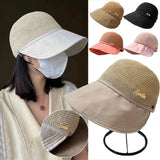 Daiiibabyyy Grass Woven Sunscreen Hat Summer Foldable Bucket Hat UV Protection Fisherman Hat Ponytail Baseball Cap Wide Brim Sun Cap