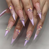 Daiiibabyyy  White Glitter Powder Bowknot Long Pointed Fake Nails Art Ballet False Nail Cow Print Pearl Rhinestone Pink Almond Press on Nails