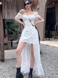 Daiiibabyyy Y2K Long Dresses for Women Puff Sleeve Lace-up A-line Off Shoulder Club Party Dress Summer New Korean Chic One Piece Vestido