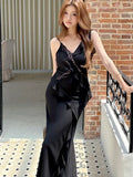 Daiiibabyyy  Lace Hollow Out Sexy Long Dress Women Summer V Neck Patchwork Ruffles Dress Asymmetry Backless Solid Slim Fit New Camisole Dress