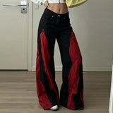 Daiiibabyyy  Women Y2K Flare Jeans Contrasting Low Waist Wide Leg Loose Patchwork Denim Pants Streetwear Trousers Vintage Casual