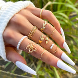 DAIIIBABYYY  -  Bohemian Gold Color Butterfly Rings Set For Women Fashion Shiny Crystal Geometric Flower Knuckle Finger Ring Jewelry Adjustable
