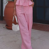 Daiiibabyyy  Striped Textured Halter Peplum Pant Set Ruffle hem Sleeveless Summer Glam Women Two Piece Outfit Trendy Casual Lady Suit
