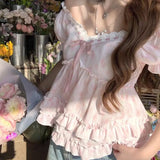 Daiiibabyyy  Sweet Temperament Flower Print V Neck Puff Sleeve Bow Ruffles Bandage Women Blouse