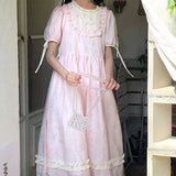 DAIIIBABYYY  -  Korean Commute Summer New Women's Patchwork Folds Ruffles Printed Crew Neck Bow Drawstring Short Sleeve Loose Sweet A-line Dress