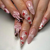 Daiiibabyyy  24Pcs Long French Almond Nails Set Press on Red Cherry Bow Design Full Cover Fake Nails Tips Pearl Reusable Finished False Nails
