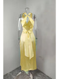 Daiiibabyyy  Sexy Elegant Party Long Dress Summer Solid Color V-Neck Halter Neck Backless Sleeveless Beach Maxi Fashion Dresses