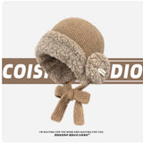 Daiiibabyyy  Korean Niche Lambs Wool Knitted Pullover Hat Thickened Warm Ear Protection Lace-up Winter Outdoor Riding Bomber Hats for Women's