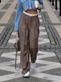 Daiiibabyyy Brown Low Waist Trousers Fashion Design Sense Of Contrast Color Loose Pull Length Pants Niche All-Match Streetwear Autumn