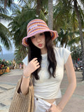 DAIIIBABYYY  -  Korean Fashion Contrasting Stripes Hollow Bucket Hats for Men and Women Summer Travel Sunscreen Versatile Leisure Basin Cap