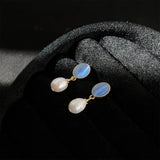 Daiiibabyyy  Sweet Oval Blue Glass Stone Drop Earrings for Women Girl Niche Elegant Imitation Pearl Dangle Earrings Daily Jewelry Accessories