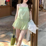 Daiiibabyyy  Stylish Shirring Spliced Waist Basic Tanks Female Clothing Solid Color Tees Summer New Sleeveless Aura French Style Folds Camis