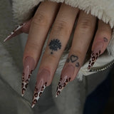 Daiiibabyyy  24pcs Long Stiletto Fake Nails Tips Simple French Leopard Print Almond False Nails Art Wearable Blue Press on Nails Set Finished