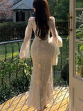 DAIIIBABYYY  -  Korean Elegant Mermaid Dress for Women Autumn Long Flare Sleeve Square Collar Lace-up Slim Lace Vestidos Fashion Chic Long Robe