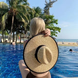 DAIIIBABYYY  -  Belt Strap Straw Sun Hat For Women Fashion Vacation Beach UV Hats Summer Wide Brim Travel Panama Hats Outdoor Wholesale