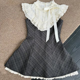 Daiiibabyyy  French Vintage Plaid Fake Two-Piece Dress Women Summer New Lace Splicing Elegant Sleeveless Short Skirt Geometric Pattern Pol...