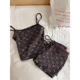 Daiiibabyyy  2Cute Bow Print Ribbed Loungewear Set Women Adjustable Thin Strap Tank Top Elastic Short Pants Daily Nightwear