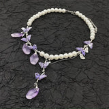 Daiiibabyyy  Purple Crystal Butterfly Acrylic Petal Tassel Pearl Necklace Women Light Luxury Choker Y2K Jewelry Gifts for Her