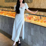Daiiibabyyy  Aura French Style Square Collar Bow Midi Dress Summer Puff Sleeve Women's Clothing Stylish Jacquard Weave A-Line Lace Dresses