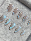 Daiiibabyyy  10 pieces of pure handmade almond-shaped nails, blue cat's eye glittering and flashing butterfly sequins, blue tears, suitable f