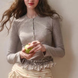 Daiiibabyyy  New French Style Double Layered Lace Hem Round Neck Slim Fit Design Printed Top Women Base Outer T-shirt
