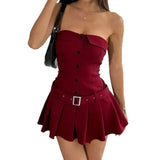 Daiiibabyyy  Women's Sleeveless Strapless Midi Dress with Pleated Skirt Corset Top High Waist Slim Fit Deep Red Elegant Solid Color Fitted