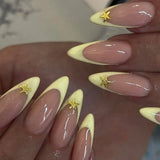Daiiibabyyy  24pcs Simple Yellow French Fake Nails Art Datachable Long Almond Press on Nails Tips with Star Design False Nail Sets Finished