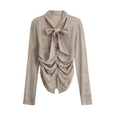 DAIIIBABYYY  -  Hot Girl Bow Lace-up V-neck Long-sleeved Tie-dye Pleated Short Knitted T-shirts Korean Three-dimensional Flower Bottoming Tops