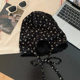 Daiiibabyyy  Floral Beanies Straps Baotou Stacking Hat Female Headscarf Retro Cold Hat Big Head Circumference Skullies Korean Loose Hat