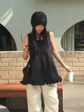 DAIIIBABYYY  -  Chic Summer Retro Age Reducing Square Neck Versatile Slimming Patchwork Black Fungus Edge Skirt Sleeveless Vest Shirt