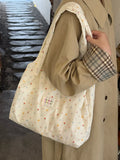 Daiiibabyyy  Women's Tote Bags Korean Floral Sweet Fashionable Versatile Canvas Bags New Large Capacity Commuting Shoulder Bags For Girl