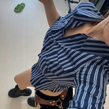 Daiiibabyyy  American Spicy V-neck Five Quarter Sleeve Folded Contrasting Striped Cool Spicy Slim Fit Waist Shirt Slimming Top