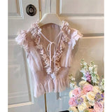 Daiiibabyyy  Kawaii Pink Shirts Women Cutecore Cropped Ruffles Chiffon Blouses Summer Ladies Fashion Korean Lace Up Flying Sleeve Tops