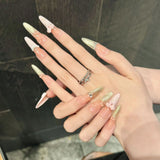 Daiiibabyyy  10pcs Shimmry Gold Cat's Eye Press On Nails Peach Pink French Pearl Skirt Hem Bowknots Handmade False Nail Long Almond Fake Nail