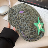 DAIIIBABYYY  -  American Leopard Print Forward Hat Men and Women Spring and Summer Five-pointed Star Sticker Design Short-brimmed Painter Cap
