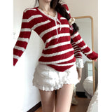 DAIIIBABYYY  -  Women's Contrast Stripes V-neck Bow Long-sleeved Twist Sweaters Autumn and Winter Casual Slimming Versatile Pullovers Knitwear