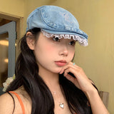 DAIIIBABYYY  -  Fashion Hot Diamond Bow Lace Edge Berets for Women Spring and Summer Casual Versatile Korean Version Retro Denim Forward Hat