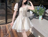 Daiiibabyyy  Summer French Style Square Collar Mini Dress Fashion Gauze Lace Spliced Female Clothing Elegant Puff Sleeve Ball Gown Dresses